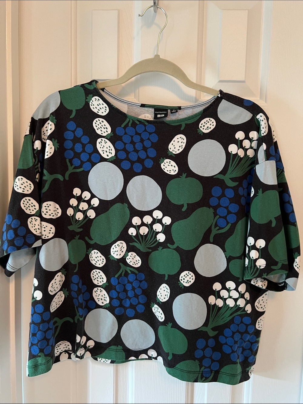Marimekko Black Tee with Green and Blue Floral Print